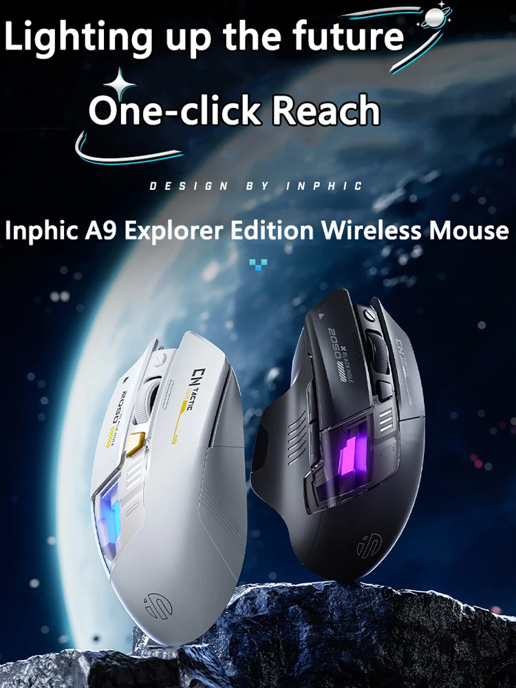 Souris de jeu sans fil Inphic A9 Explorer V2, affichage du niveau de batterie 500mA, ergonomique, Bluetooth, pour bureau, PC et ordinateur portable