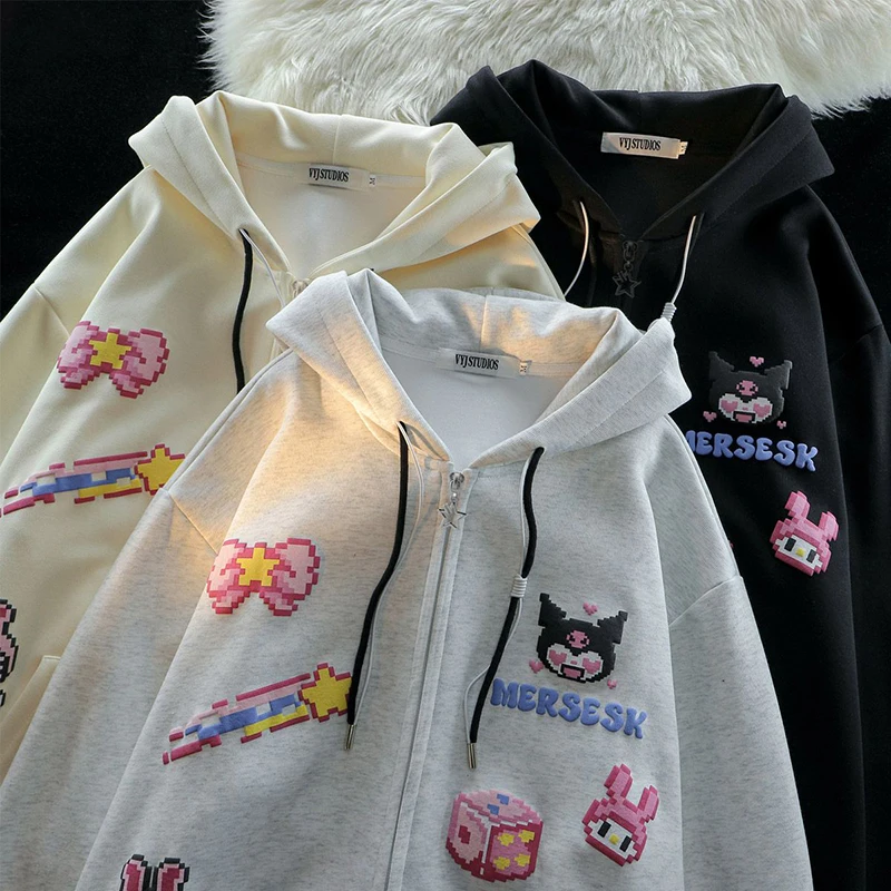 

Kawaii Sanrio Hoodie Student Girl Pixel Style Anime Sweater Spring Autumn Regular Thin Winter Fleeced Thickened Tops with Zipper