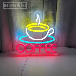 컵이 달린 커피 LED 네온 아트 사인 조명, 파티 룸 펍 클럽 밀크 티 커피숍 벽 장식 선물, 조도 조절 네온 사인