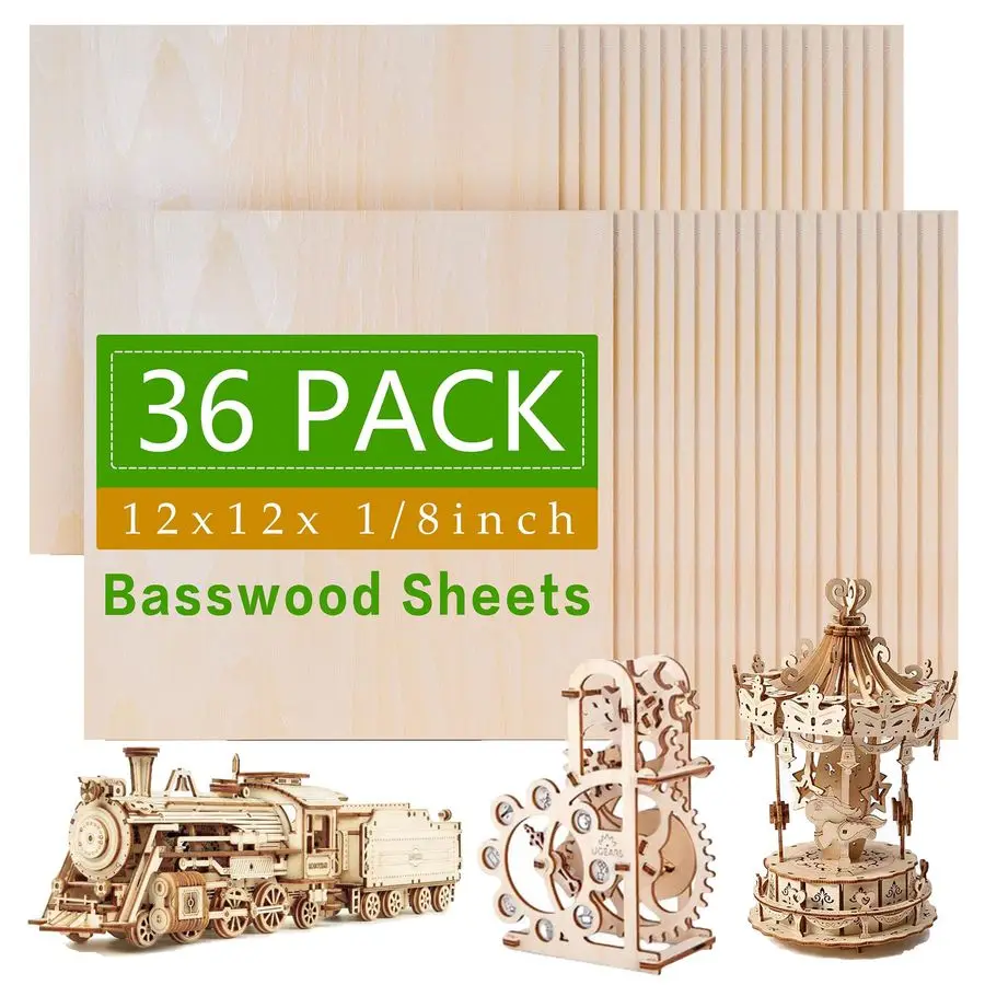 

Упаковка листов липы, 12 x 12 x 1 8 дюймов, листы фанеры из липы 3 мм с гладкими поверхностями, необработанное дерево для лазерной резки, бор