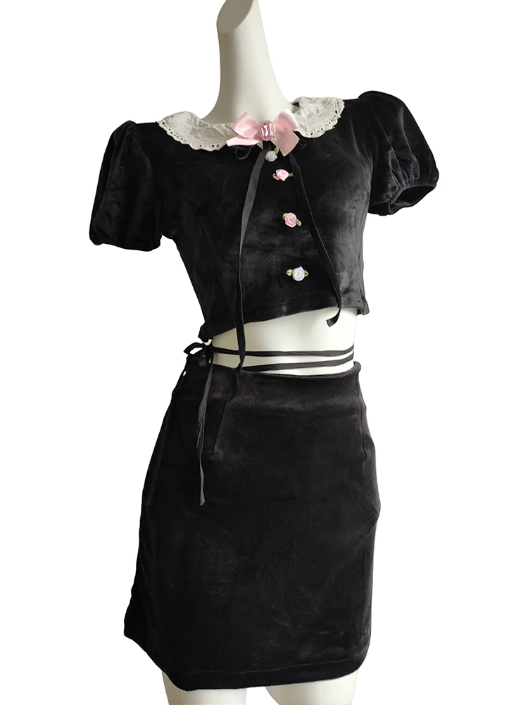 

Kawaii комплект из 2 предметов, женский бархатный костюм, летние короткие топы и мини-юбки, милые наряды для девочек