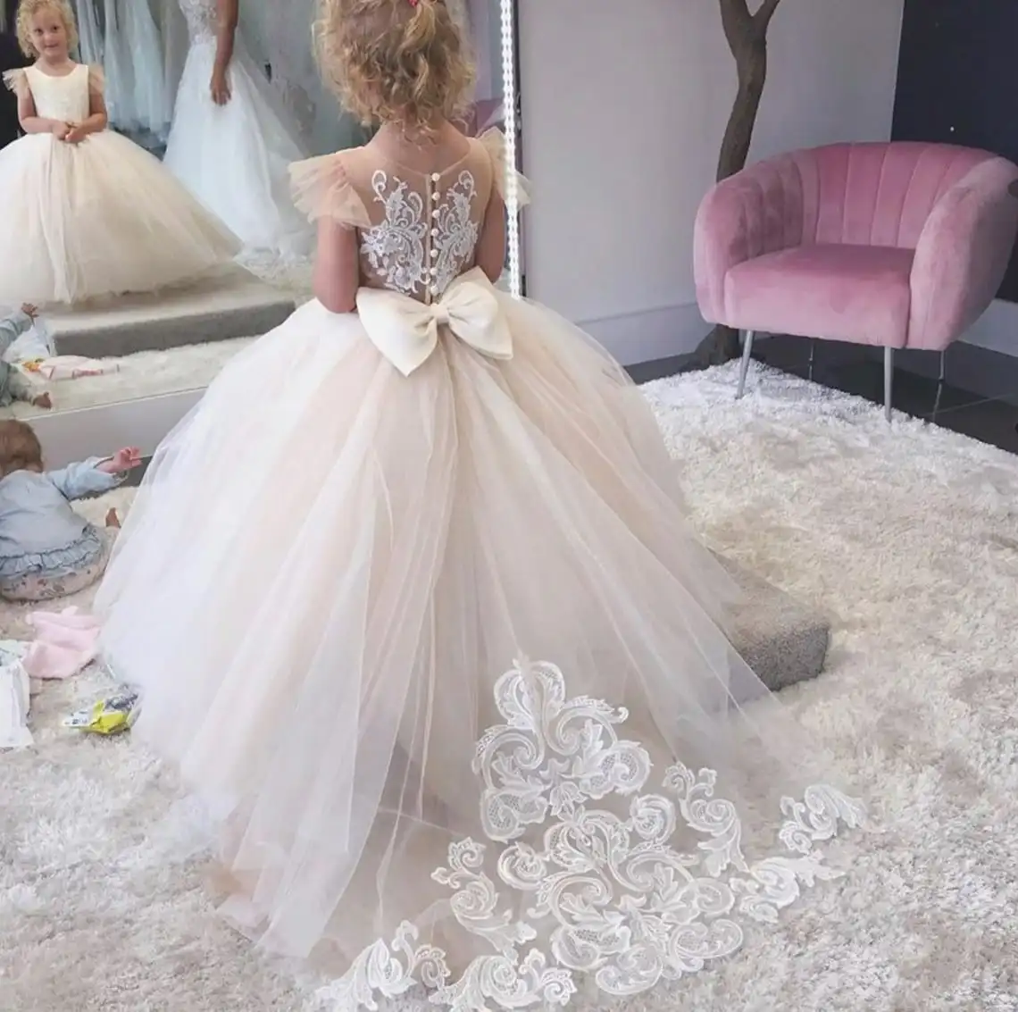 Brilhante princesa menina tule vestido de baile champanhe renda tutu vestido da menina de flor vestido de dama de honra menina para o aniversário de casamento outfit