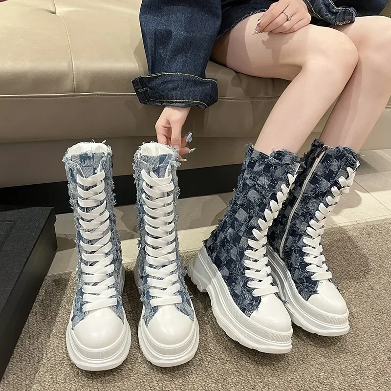 Hot Canvas Chunky Platform Ankle Boots Women Zipper Thick Sole Motorcycle Boots Woman Height Increasing Punk Mid-Calf Botas