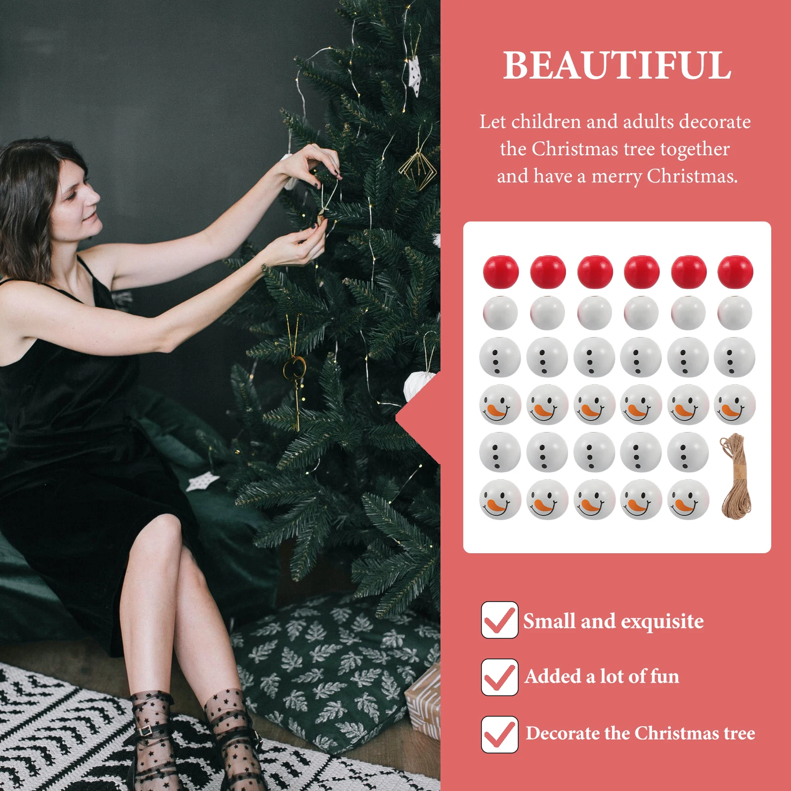 

200Pcs Xmas Style Wooden Beads DIY Decor Accessory Smooth Comfortable Touch Delicate Pattern Details Festival Decoration