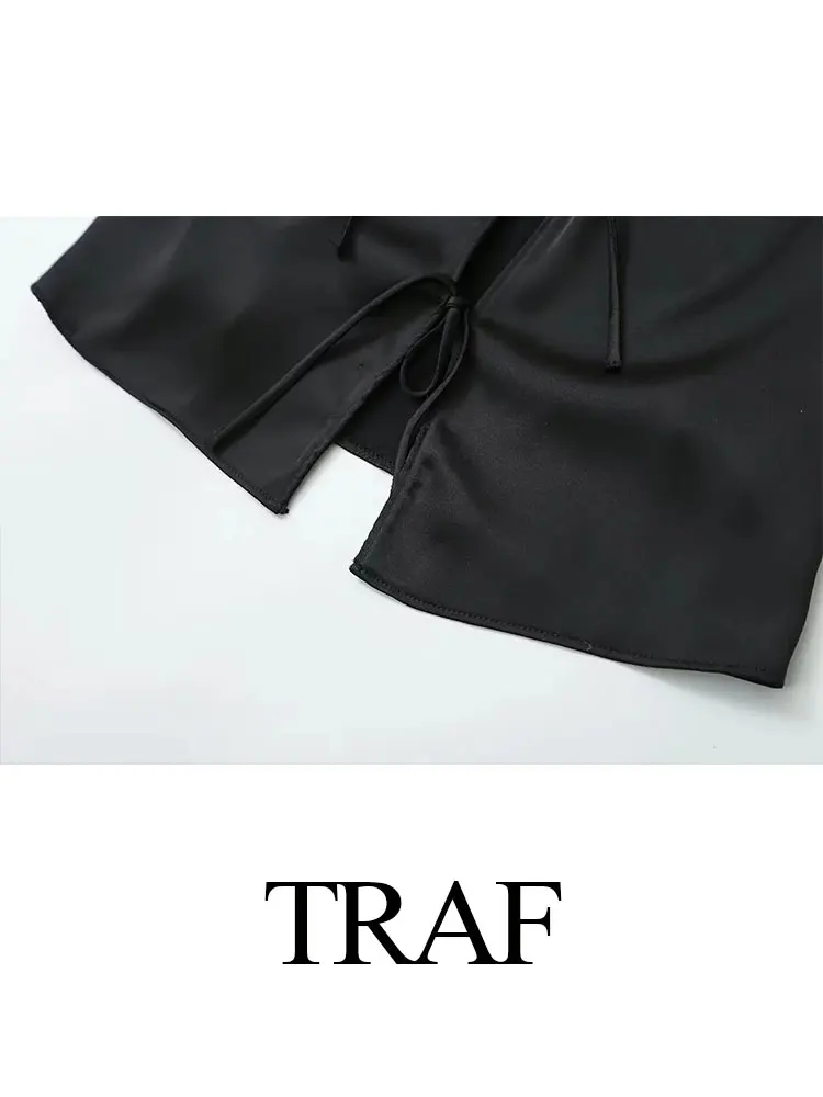 TRAF-Camis em cetim de seda feminino, monocromático, top curto texturizado, decote em v, colete laço, sem mangas, minitops femininos, sexy, moda festa, verão