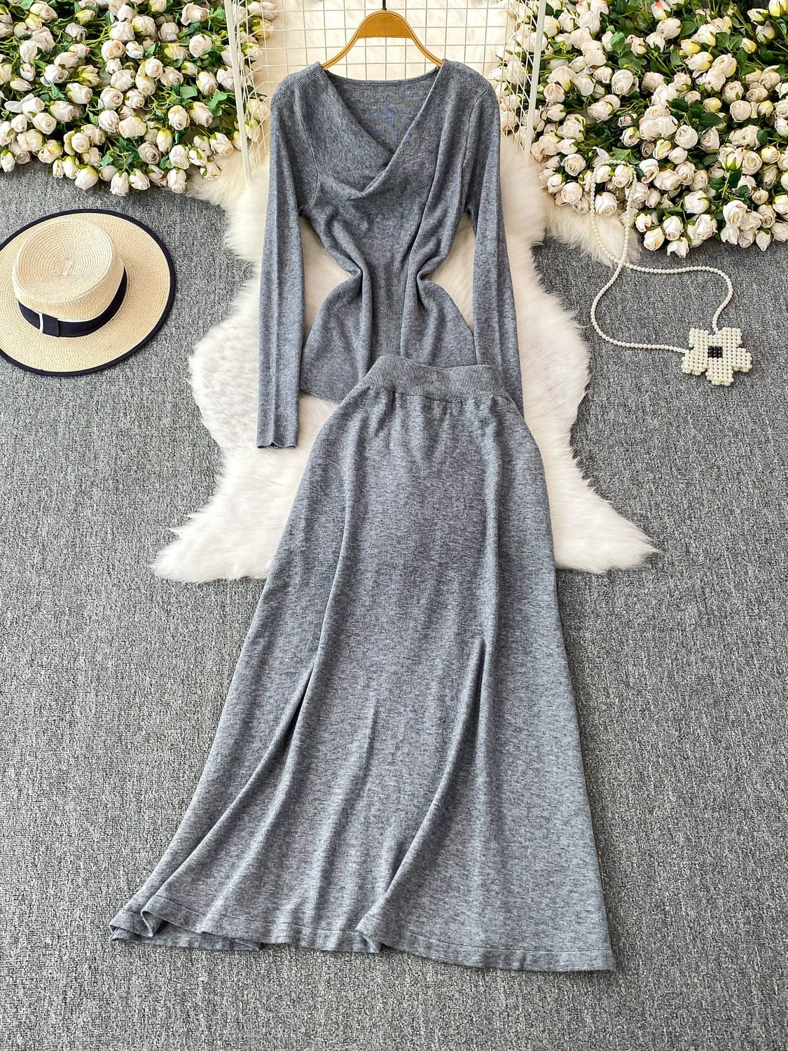 Ele V-Ne Long Sve T-Shirt, hoher Taillenrock, zweiteiliges Set, schlichtes Farboberteil für Herbst und Winter