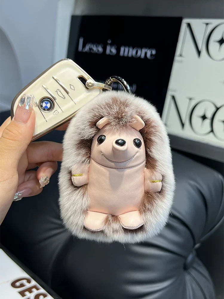 Cute Hedgehog Real Rex Rabbit Fur Key Chains Plush Toy Pendant Kids School Bag Hanging Ornaments Women Car Keyring Trinkets Gift