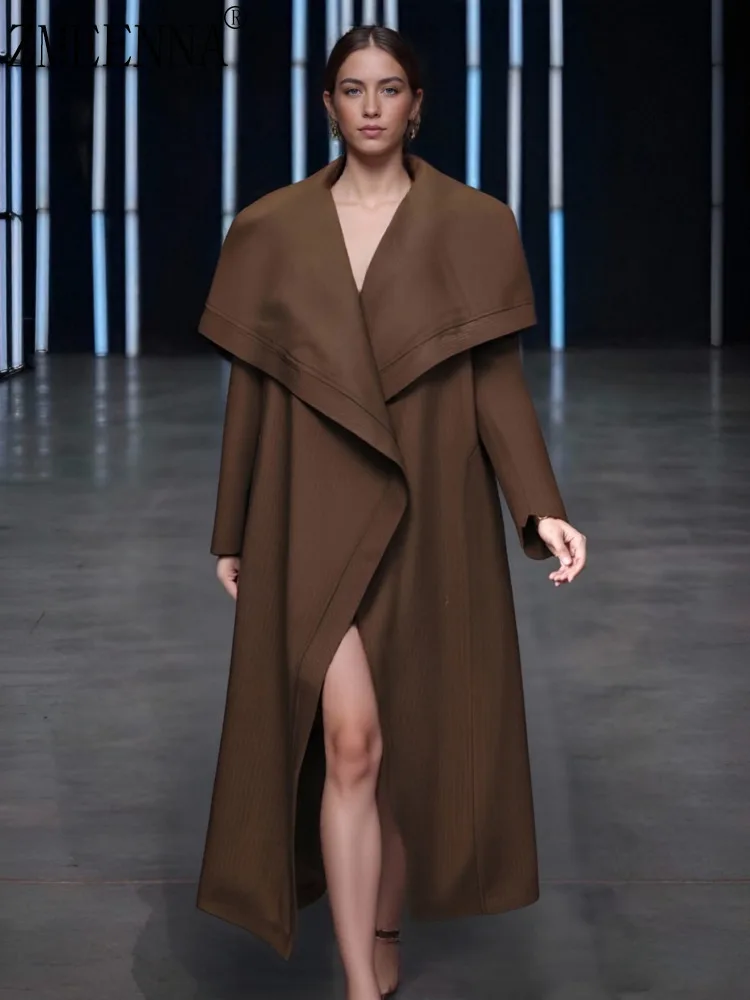 

ZMEENNA женский коричневый длинный плащ накидка с шалевым воротником оверсайз элегантная стильная верхняя одежда осенний кардиган ZM4103