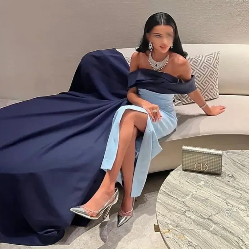 Elegant Blue Long Pleated Evening Dresses Off The Shoulder Satin Mermaid Sexy Formal Dress Side Slit Floor Length Customized