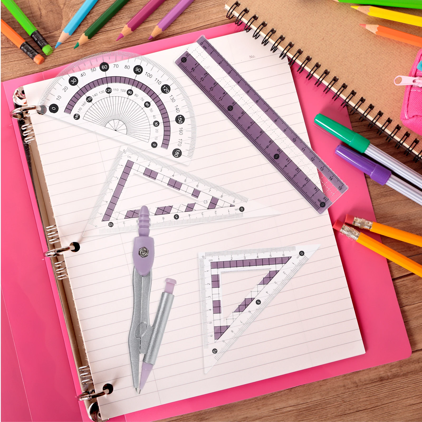 

1 set Blue Transparent Ruler Set Kids Drawing Office Student Geometry Tools Protractor Compass Triangle Lightweight