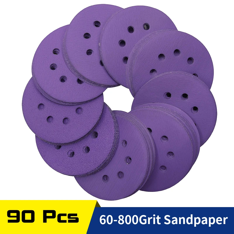 90Pcs 5 Inch Sanding Discs 8 Hole Hook & Loop Assorted 60-800 Grit  Sandpaper for Orbital Random Sander Wood Metal Car Polishing