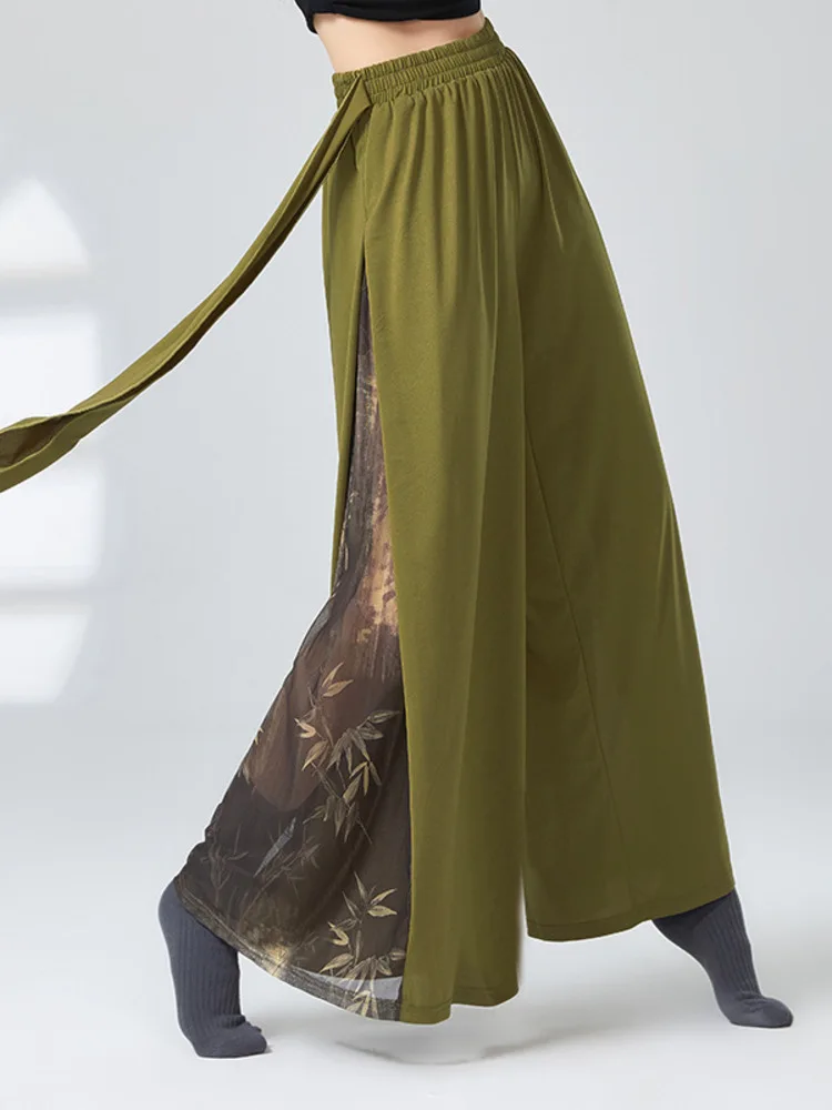 

Dance Competitions Modern Chinese Style Splicing Ink Wash Flowing Top for Adult Wide Leg Classical Dance Pants Training