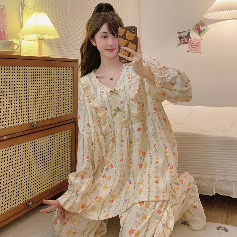 Spring and Autumn New Women\'s Japanese Pajamas Homewear Set Girls Students Cloud Cotton Long-Sleeved Plus Size Pajamas Homewear