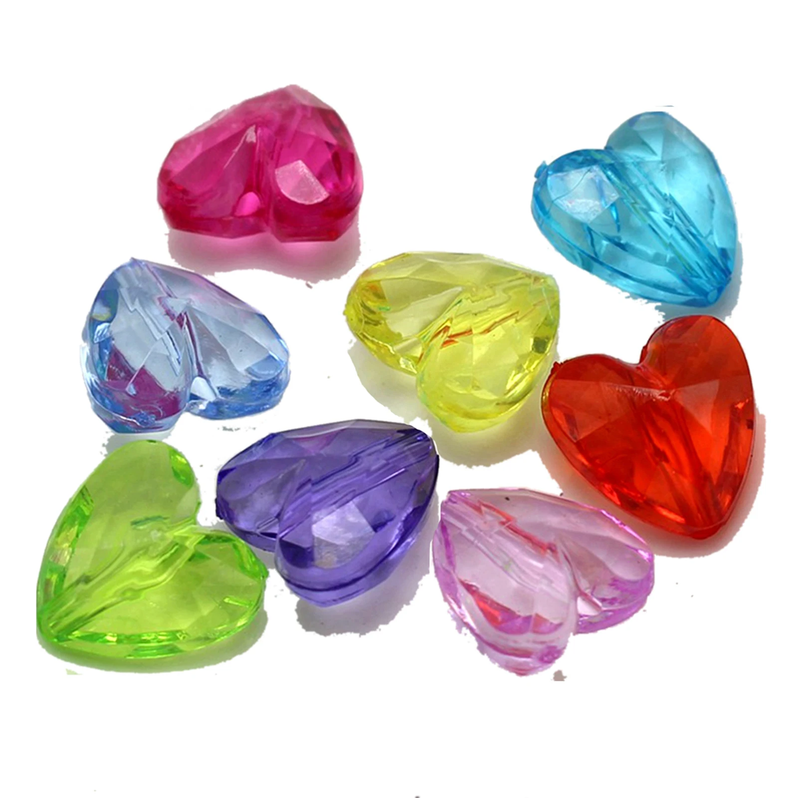 100 Mixed Color Transparent Acrylic Faceted Heart Charm Beads 12X12mm