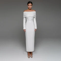 Civil Engagement Wedding Dress Boat Neck Long Sleeve Ankle Length White Bridal Gown Party Wear Pleat Sheath Свадебное платье