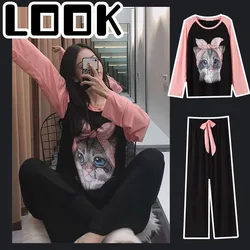 Large Size Long-Sleeved Round Neck Pyjamas Cartoon Cat Homewear Two-Piece Set of Long-Sleeved Long Trousers Pajamas Ladies