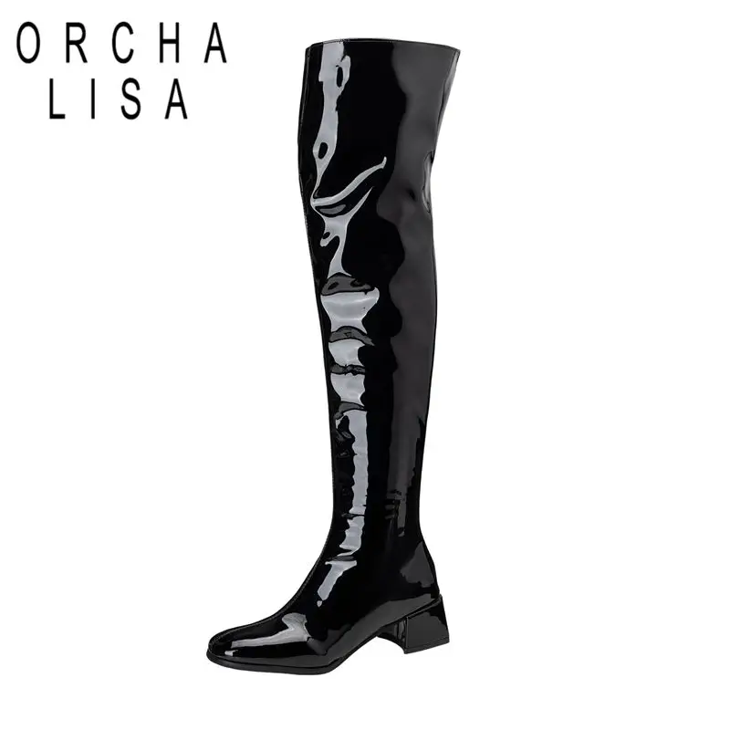 ORCHA LISA 2025 Design Shiny Female Thigh Boots Round Toe Block Heels Zipper Plus Size 44 45 46 Sexy Dating Over Knee High Bota