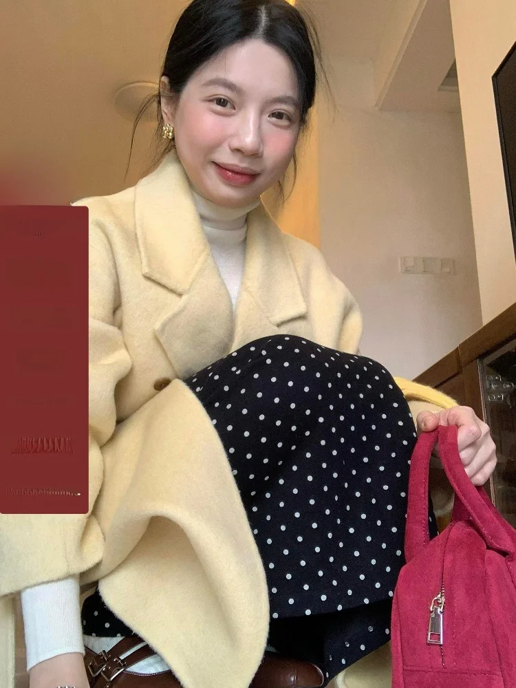 

Повседневное шерстяное пальто женское двубортное с воротником-стойкой, средней длины, свободного кроя, омолаживающее, для повседневной носки, длинное