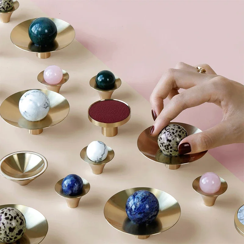 Piedra Natural + latón macizo, cajón de cocina, manija de gabinete, muebles, perillas de cristal, Hardware, tirador de armario, gancho para muebles