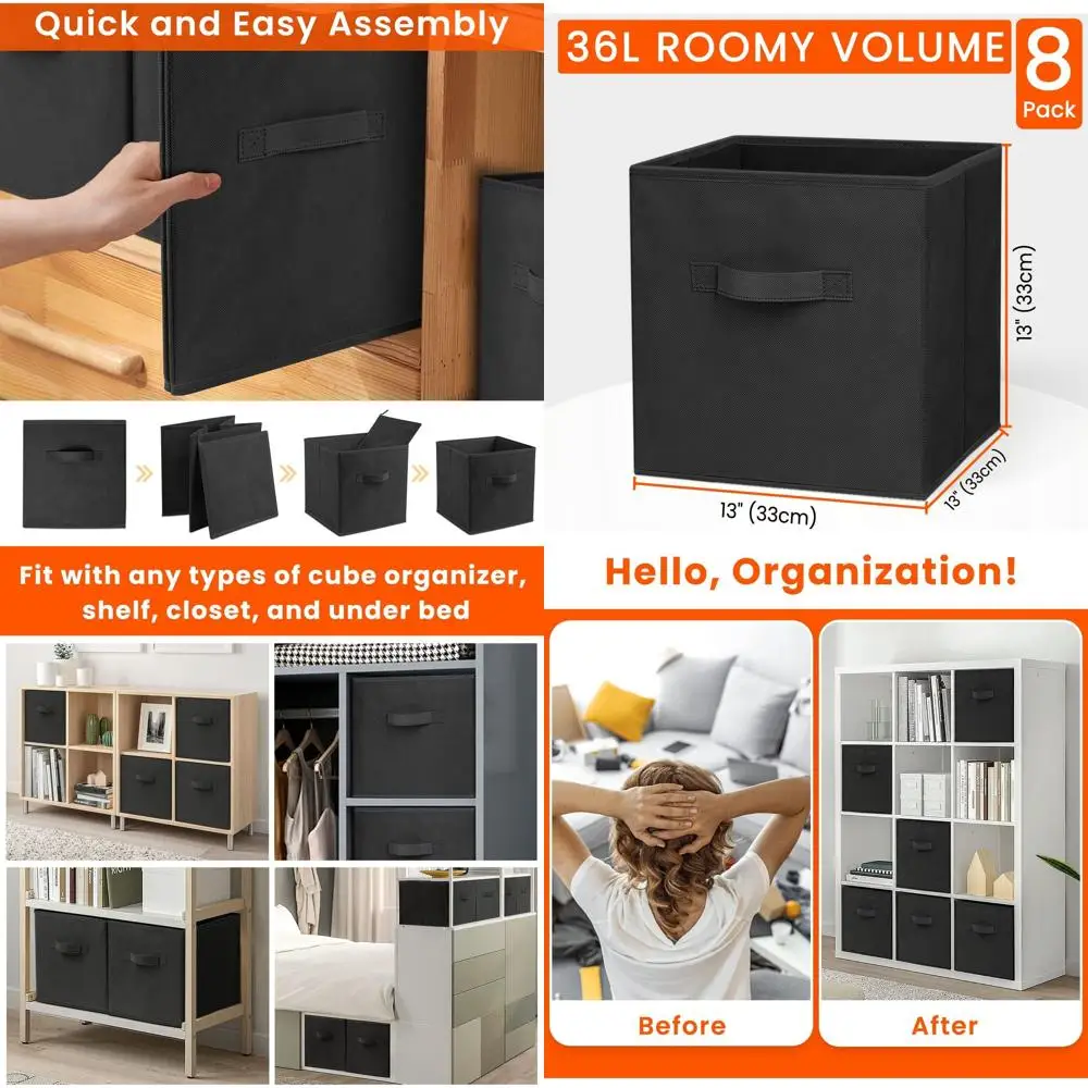 

Large Storage Cubes - 13 Inch Heavy Duty Fabric Storage Bins for Shelves Closet, Cube Organizer - 8 Pack Collapsible Cube Storag