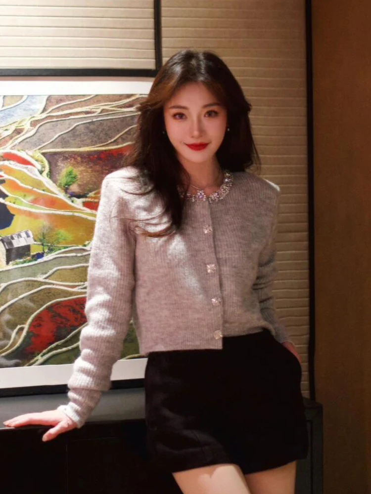 

Элитный вязаный кардиган Ji Jing SelfSP: роскошный женский укороченный топ с длинными рукавами, однотонный, к Новому году