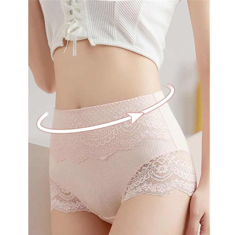 6PCS Women's Cotton Underwear High Waist Antibacterial Panties Sexy Lace Seamless Tummy Briefs Ladies Triangle Shorts Large Size