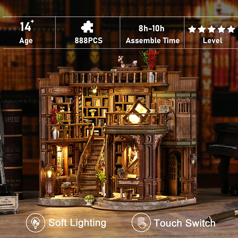 Modellino in Miniatura Fai-da-Te di Biblioteca, Angolo Lettura Urbano Moderno, Casa delle Bambole 3D in Legno