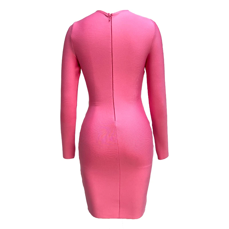 Pink Color Women Long Sleeve Sexy Keyholes Bodycon Mini Dress Rayon Bandage Fashion Nightclub Party Celebrate Dress