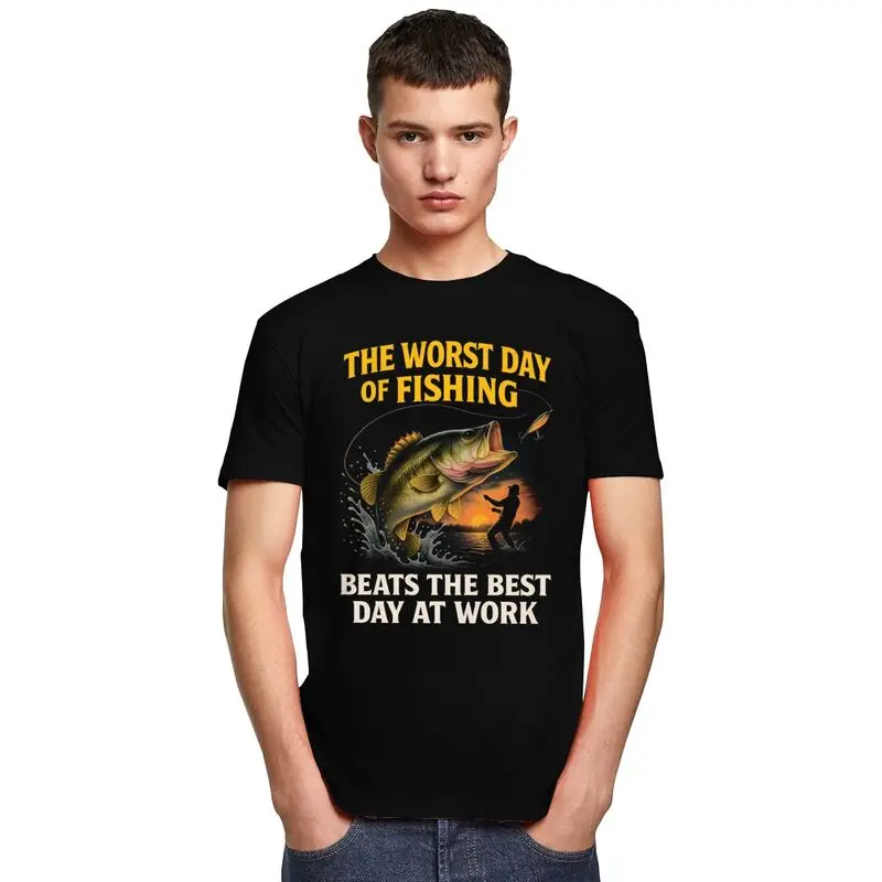 Worst Day Fishing Beats Work T Shirt for Men Tshirt Valentine's Day Gift Tees Short Sleeve Angler Fishman Lover T-shirt Slim Fit