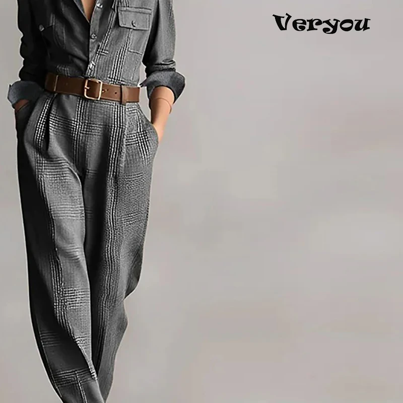 

Fashion Lapel Collar Button Pocket Long Jumpsuit Women Playsuit Long Sleeve Solid Party Romper Female Fashion Loose Playsuit