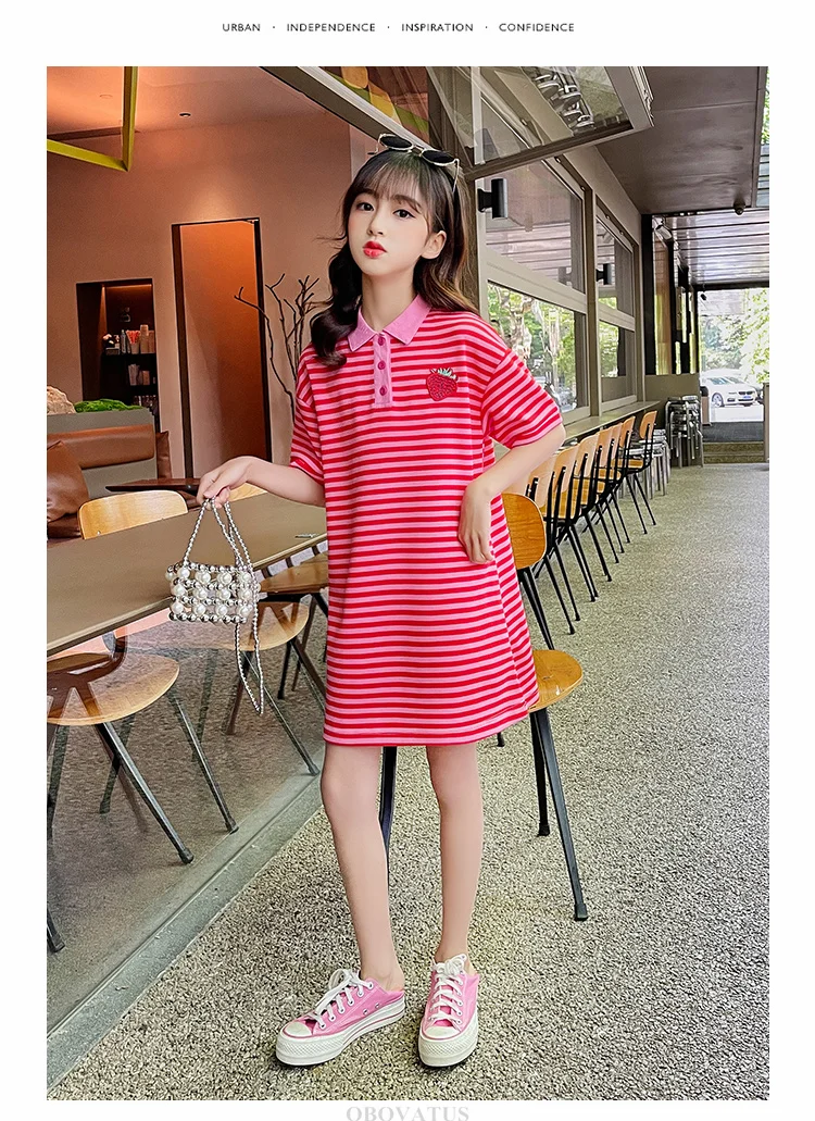 Elegantes gestreiftes Kinderkleid mit Erdbeer-Motiv für Mädchen, neues Design, kurzärmeliges Polokleid, lässige Baumwoll-Sommerkleidung für Kinder – Detail 8