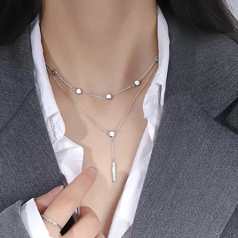 925 Sterling Silver Tassel Double-layer Zircon Necklace Women's Simple Temperament Collarbone Chain Necklace Wedding Jewelry