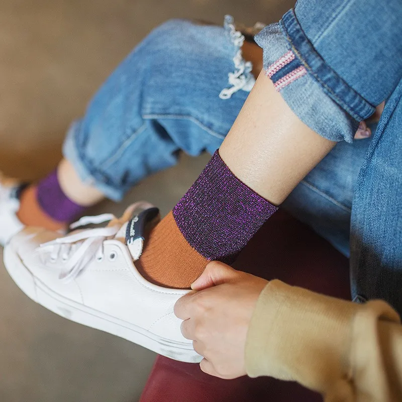 1 pair women fashion socks with sliver shining bright blue purple silver gold cotton socks