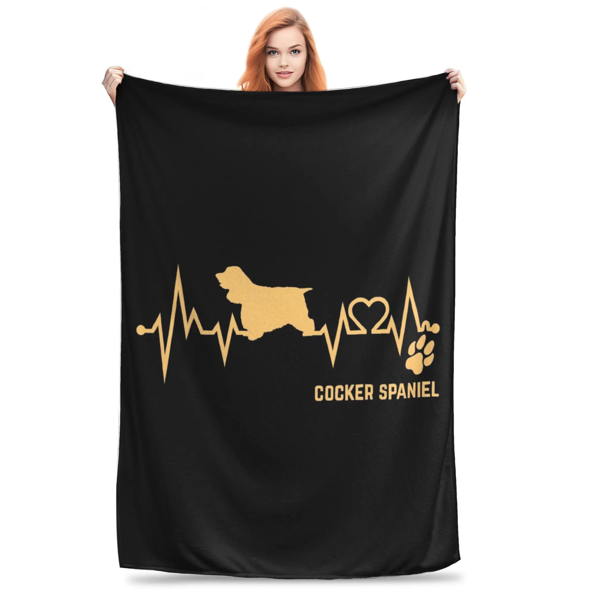 Cocker Spaniel Dog Lover Heartbeat ECG Pulse Pet Breed Paw Blanket Soft Warm Flannel Throw Blanket Cover for Bed Picnic Travel