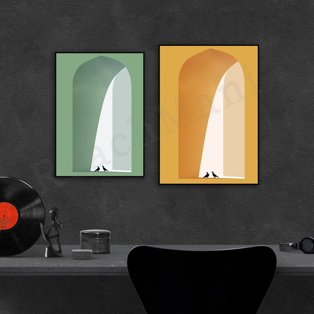 موراندي أخضر أصفر طباعة تجريدية قماش جدار الفن الحديث الحد الأدنى غرفة المعيشة جدار ديكور قوس وحمامة طباعة ملصق
