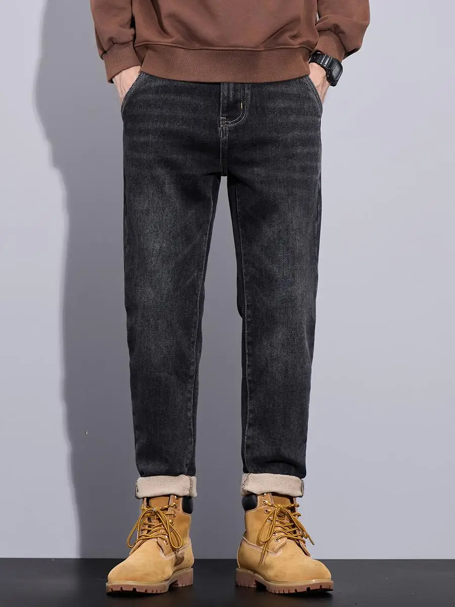 

High-End Men's Fce-Lined Straight Leg Jeans Thiened Casual Cotton Stretch Denim Winter New Sle Youth Faion