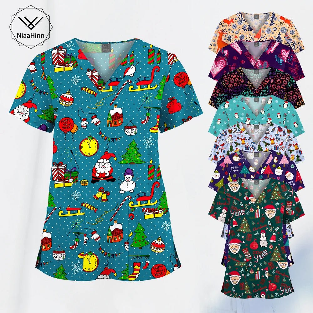 Uniforme de enfermería con estampado navideño, camiseta de manga corta con cuello en V, Tops de moda, Spa de belleza, venta al por mayor, nuevo