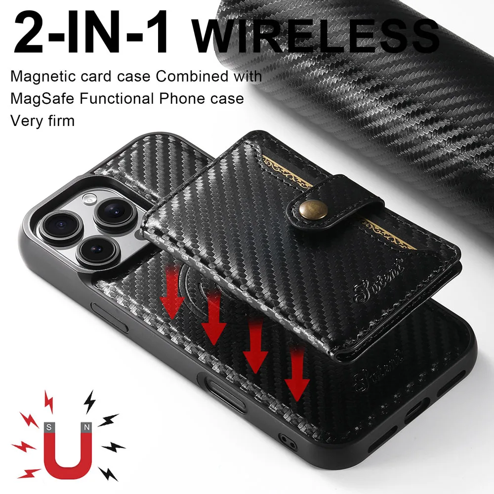 Carbon Fibre Textured Phone Case For iPhone 12 13 14 15 16 Pro Max 16Pro Plus Magnetic Card Wallet Removable Cover