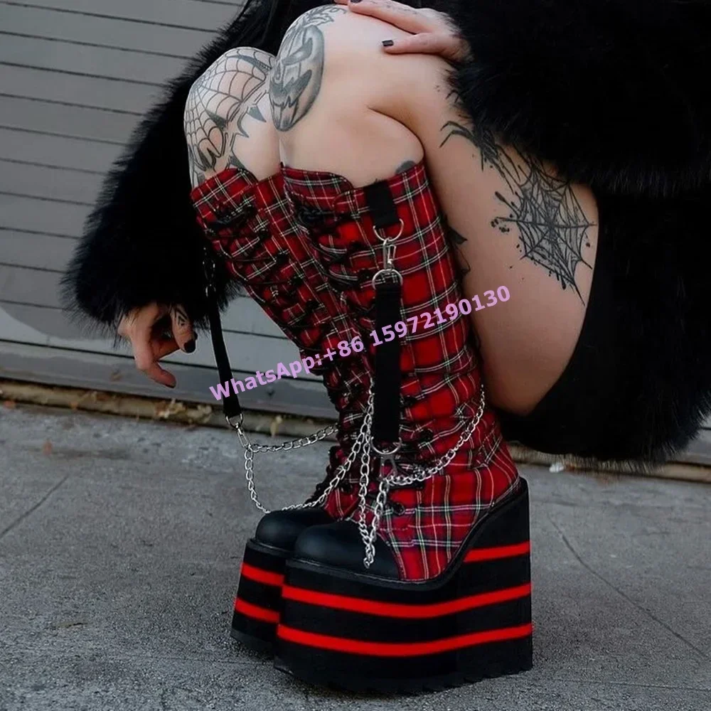 Red Pink Checkered Knee High Boots Metal Chain Round Toe Wedges Platform Cross Tied Back Zipper Shoes Women's Lovely Sexy Boots