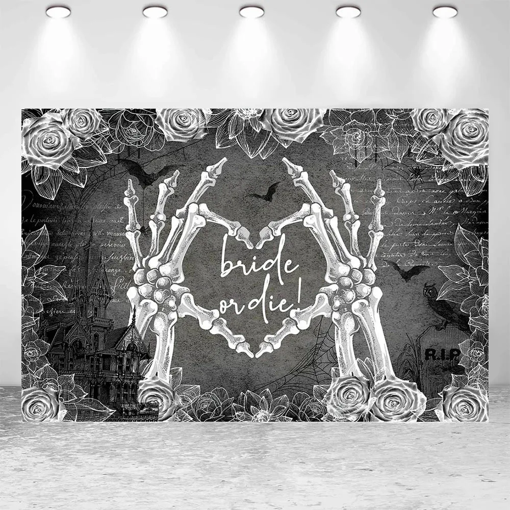 Mocsicka Bride or Die Halloween Theme Backdrop Ghost Hand Love Heart Rose Bridal Shower Background Photo Studio Photoshoot Props