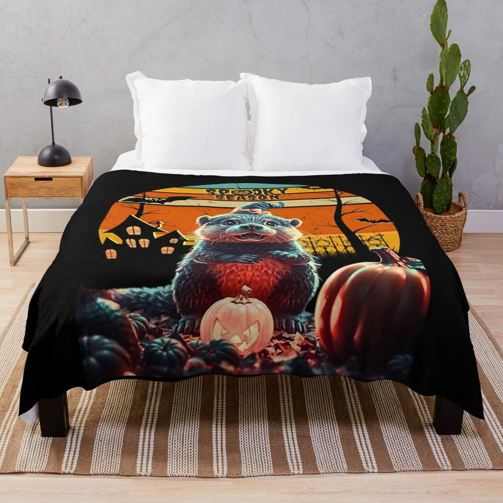 Cute Otter Halloween Spooky Season Throw Blanket Decorative Beds blankets and throws Blankets