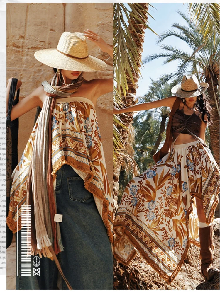 

TIYIHAILEY-Women's Long Maxi Cotton Skirt, Elastic Waist Printed, Tassels New Fashion , 2025 New Two Ways TO Wear Ladies Tops