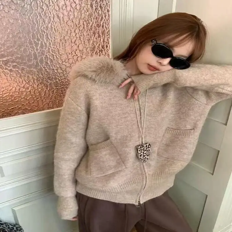 Coat Korean Style Commuter Office Worker Retro Gentle Fur Collar Hooded Sweater Autumn and Winter Soft Knitted Cardigan Coat