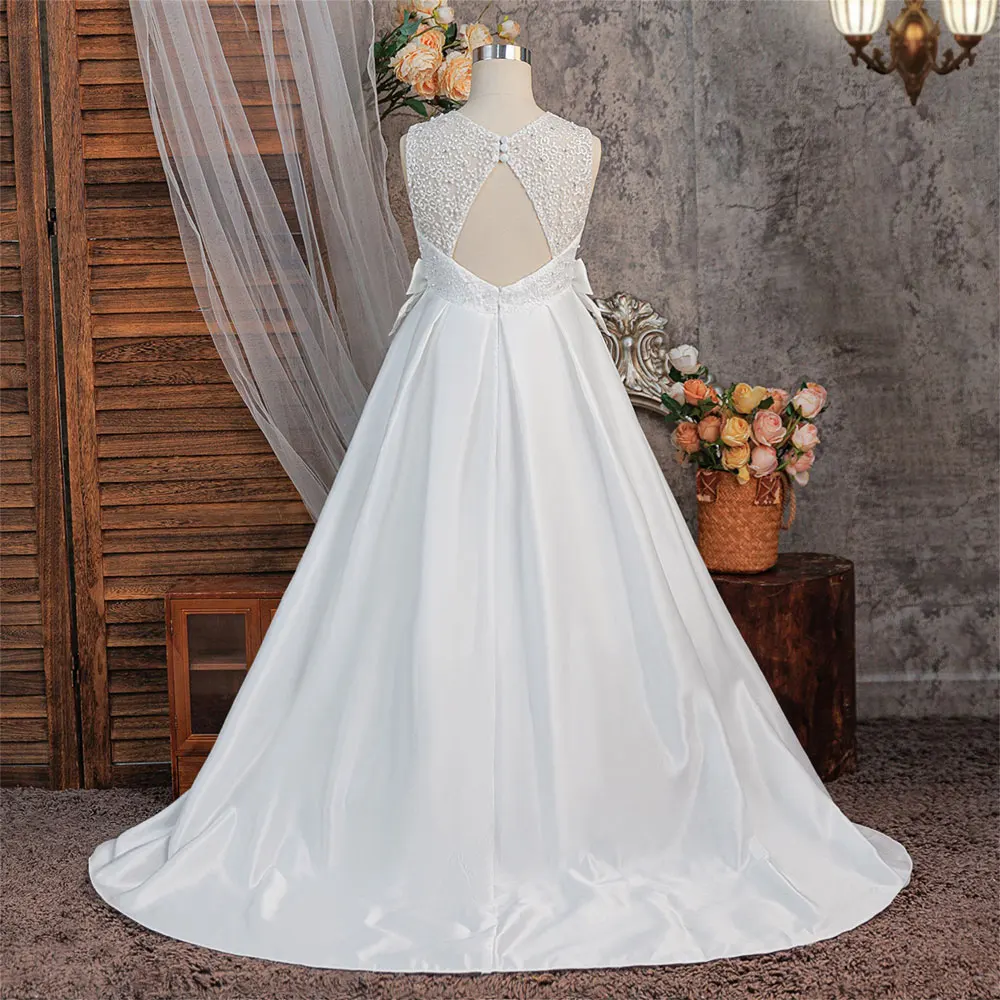 Kids Girls Satin Trailing Princess Dress 7‑12 Years Sleeveless Beaded Lace Bow Girl Evening Gown Summer Girl Evening Gown