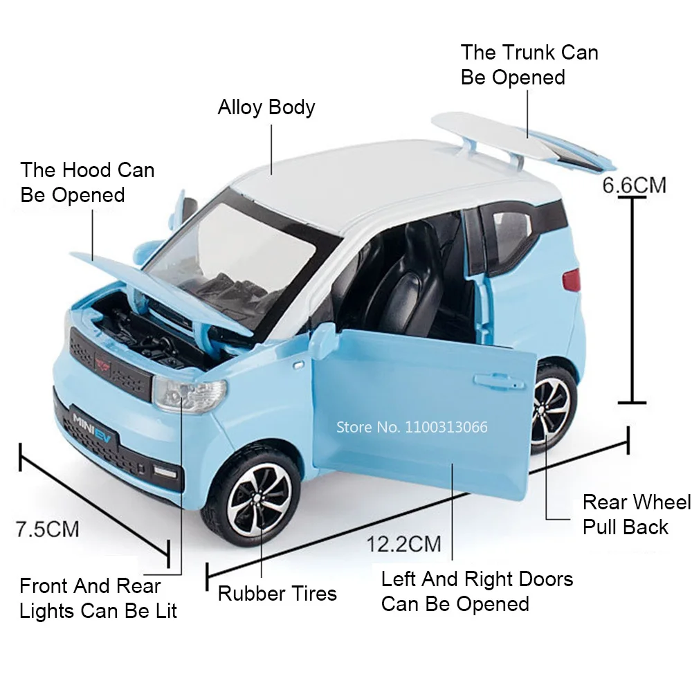 1/24 Skala WULING MINI EV Metalowe zabawki Samochody Diecast Modele Koło Pull Back Gumowe opony Pojazdy dla chłopców Prezenty urodzinowe