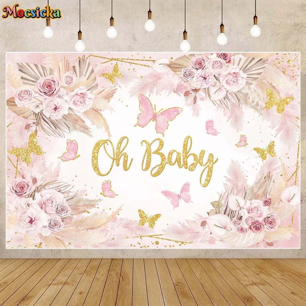 

Mocsicka Bohemian Baby Shower Backdrop Boho Flowers Pampas Grass Butterfly Pink Girl Welcome Party Decor Photo Background Banner