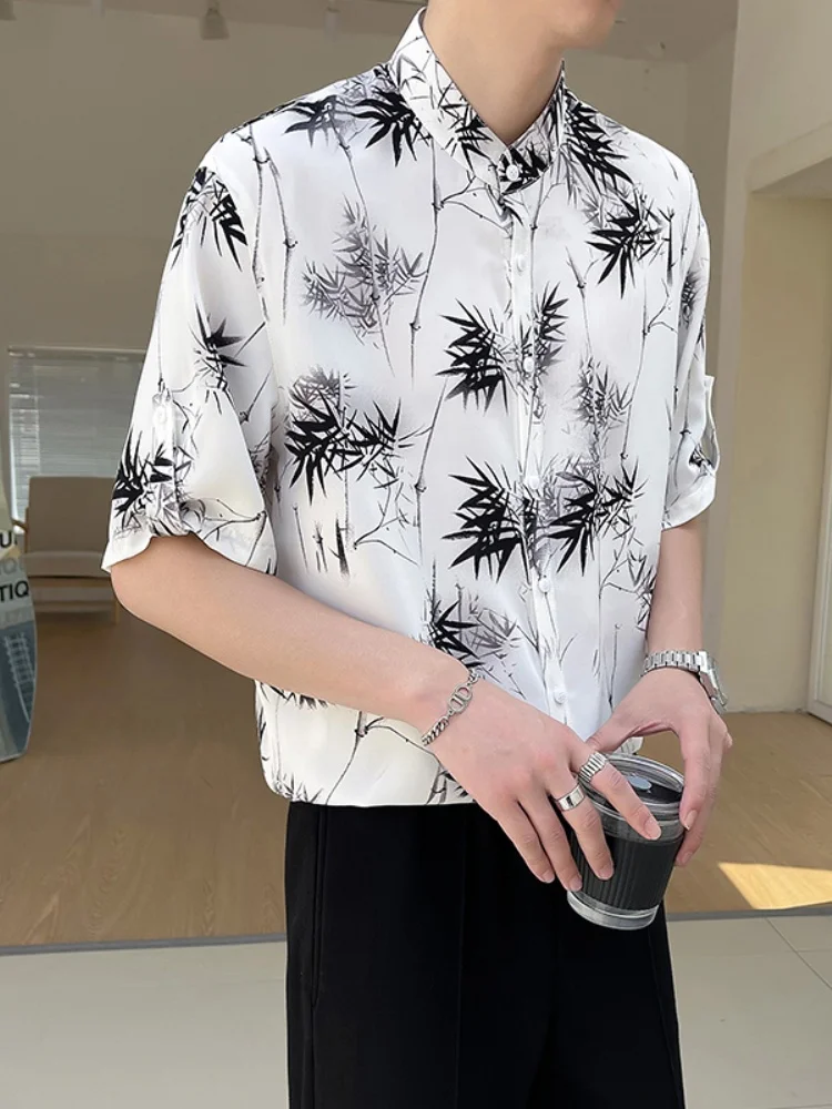 

New Chinese Sle Ice Silk Bamboo Le Print Men's Summer Thin Cool Feeling ort Sve irt Youth Faion Loose Fit Top