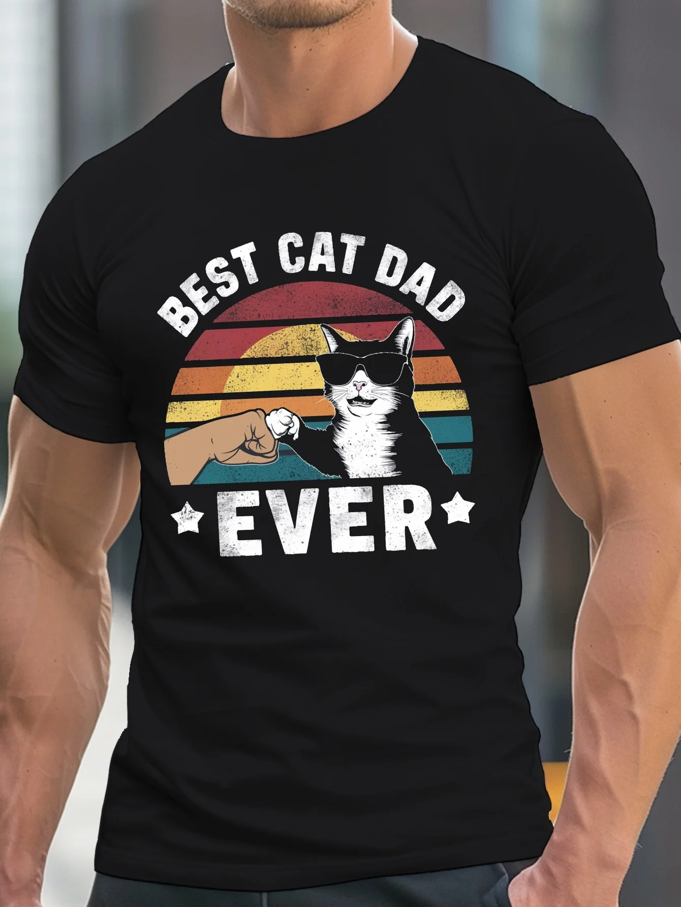 Best Cat Dad Ever Sunset Print, Men's Short Sleeve Crew Neck T-Shirt, Comfortable Casual Summer Top