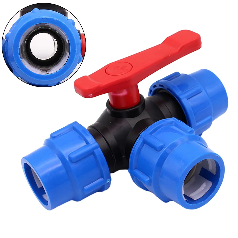 PE Pipe 3-Way Ball Valve 20/25/32/40/50mm Plastic Valve For DN15-DN40 Pipe Joint Household Industrial Water Supply Accessories