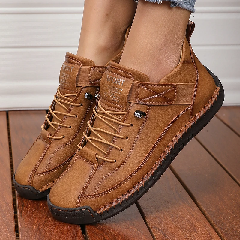 

Handmade Leather Women Loafers Casual Comfortable Soft Soled Motorcycle Boots Fashionable British Tennis Walking Nude Boots